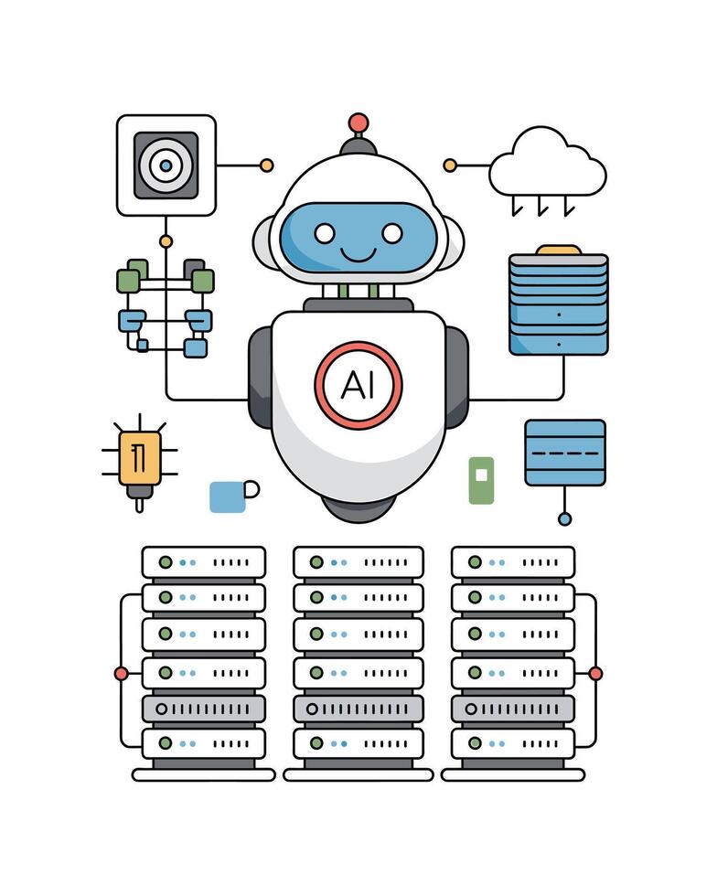 Ai robot connected to servers and cloud computing vector