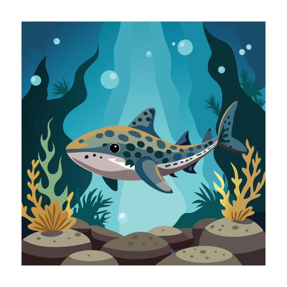 Cute Spotted Shark Swimming in a Colorful Underwater World Illustration vector