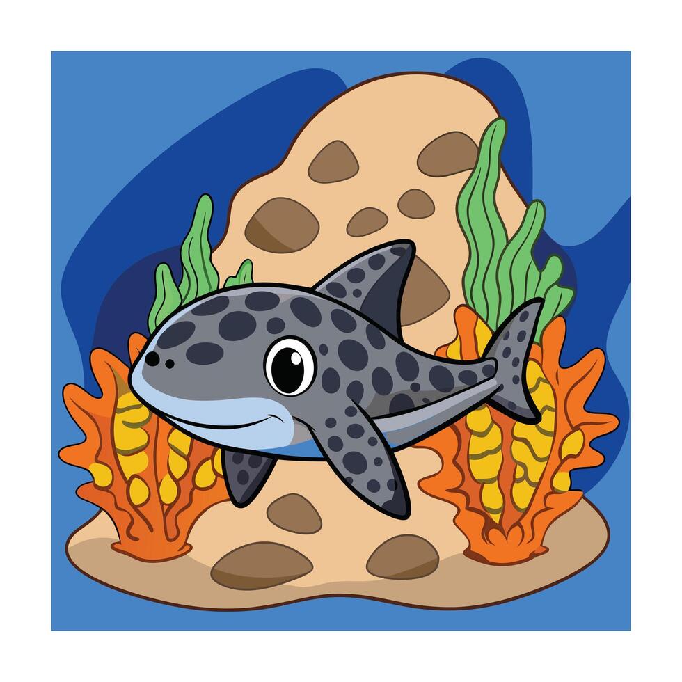 Cute Cartoon Spotted Shark with Coral Reef and Underwater Background vector