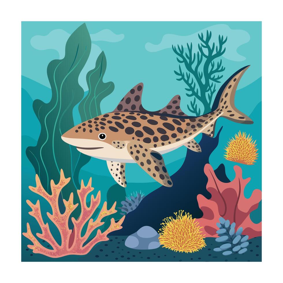 Leopard Shark Illustration in Underwater Scene with Coral Reef and Seaweed vector