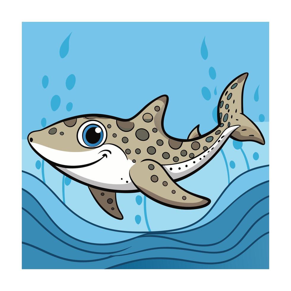Cute Leopard Shark Cartoon Swimming in the Ocean with Bubbles and Waves vector