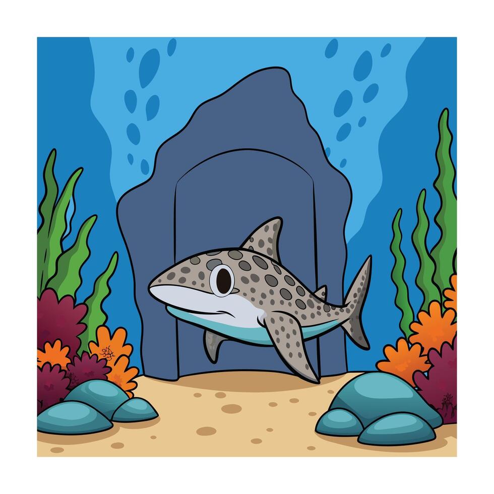 Cartoon Zebra Shark Illustration in Underwater Scene with Coral Reef, Ocean Floor vector