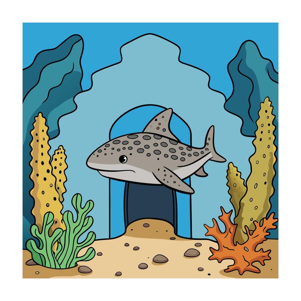 Cartoon Leopard Shark Illustration in Underwater Scene with Coral and Rocks vector