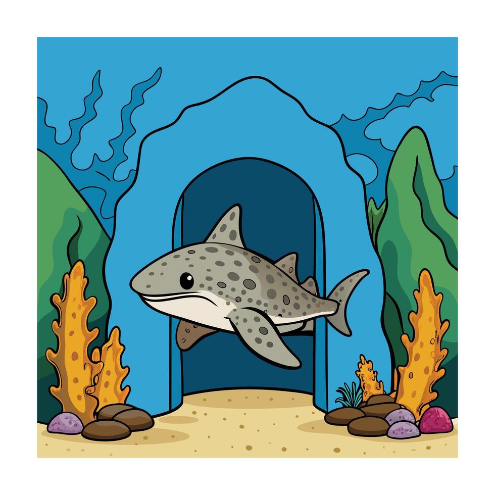 Leopard Shark Cartoon in Underwater Cave with Coral and Seaweed Illustration vector