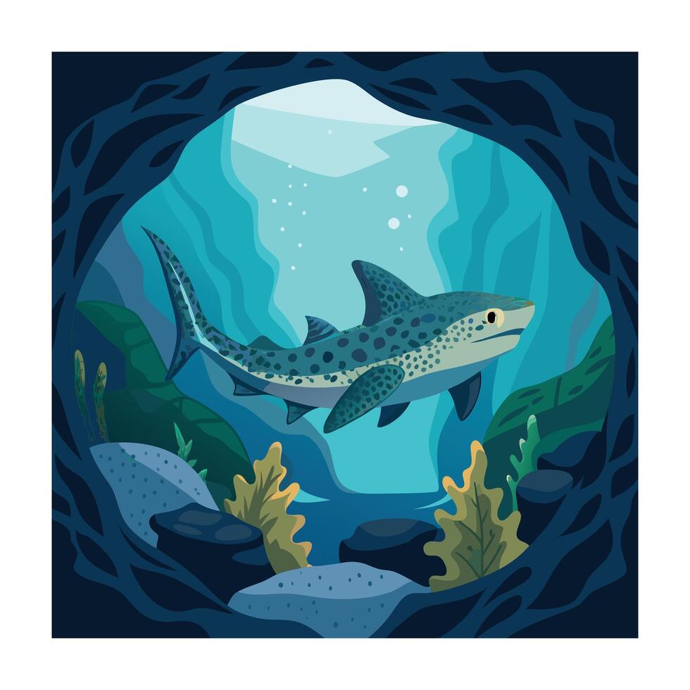 Leopard Shark Swimming in Underwater Cave Illustration with Seaweed and Rocks vector