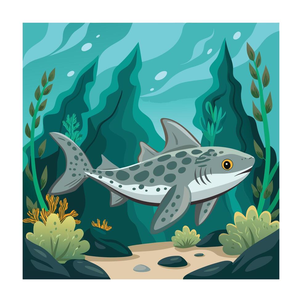 Leopard Shark Cartoon Illustration in Underwater Scene, Ocean Background vector