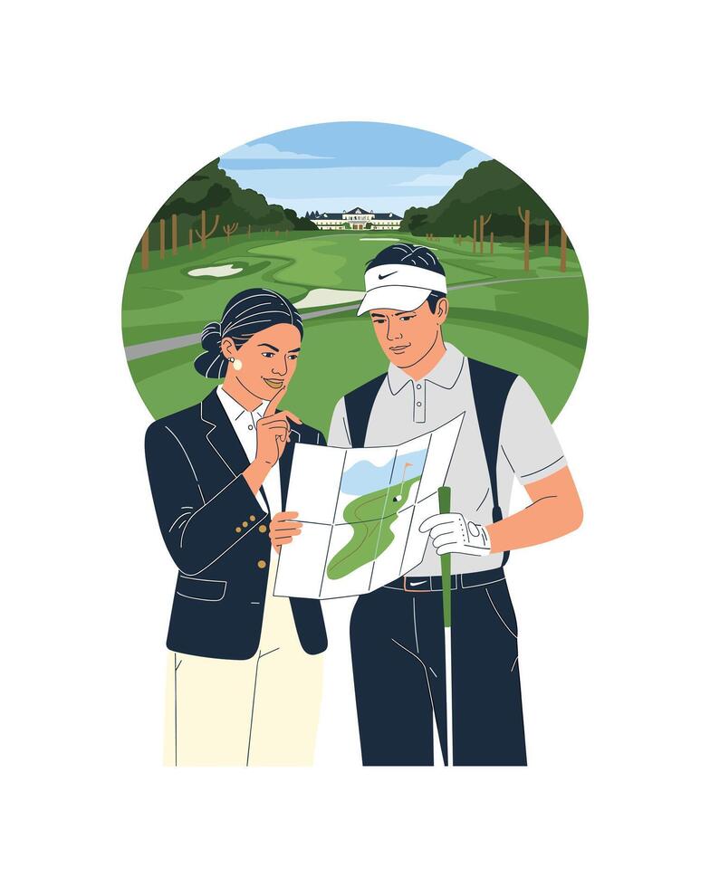 Golf Strategy Businesswoman and Golfer Planning Their Next Move with Course Map vector