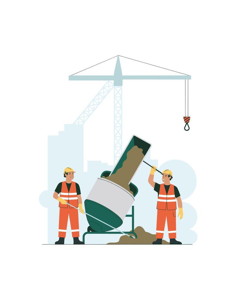 Construction workers with cement mixer and crane vector