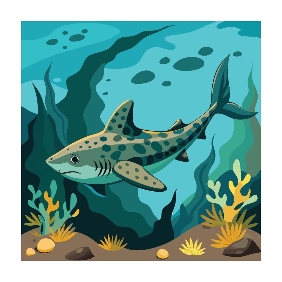 Cartoon Leopard Shark Swimming in Ocean with Seaweed and Coral Illustration vector