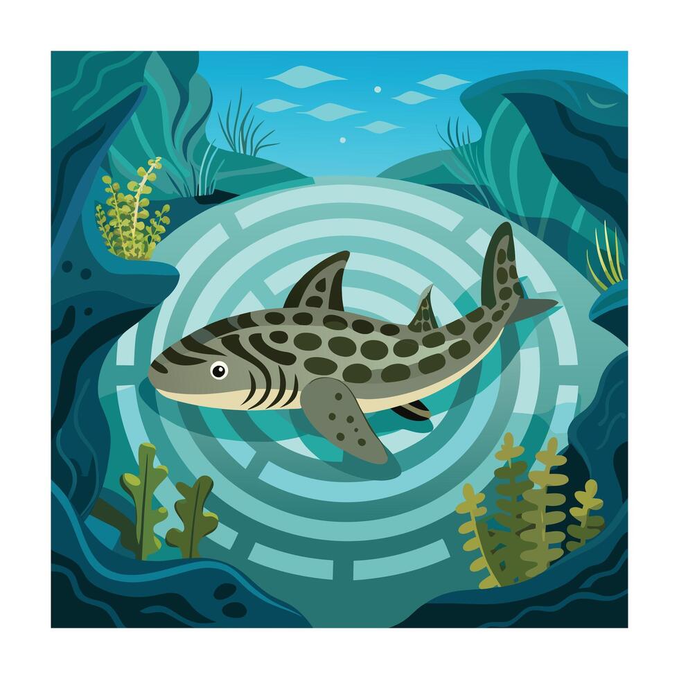 Leopard Shark Underwater Colorful Cartoon Ocean Life with Abstract Ripples vector