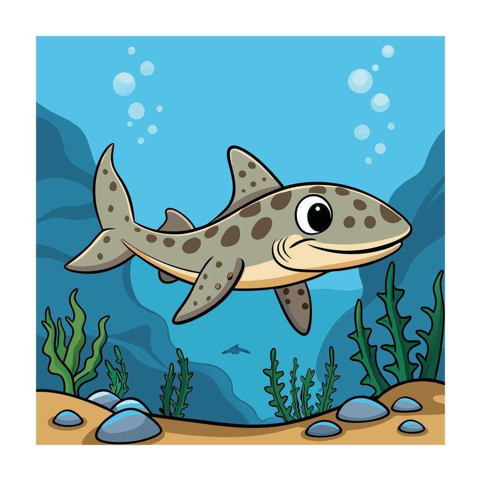 Cartoon Spotted Shark Swimming in the Ocean with Seaweed and Rocks vector