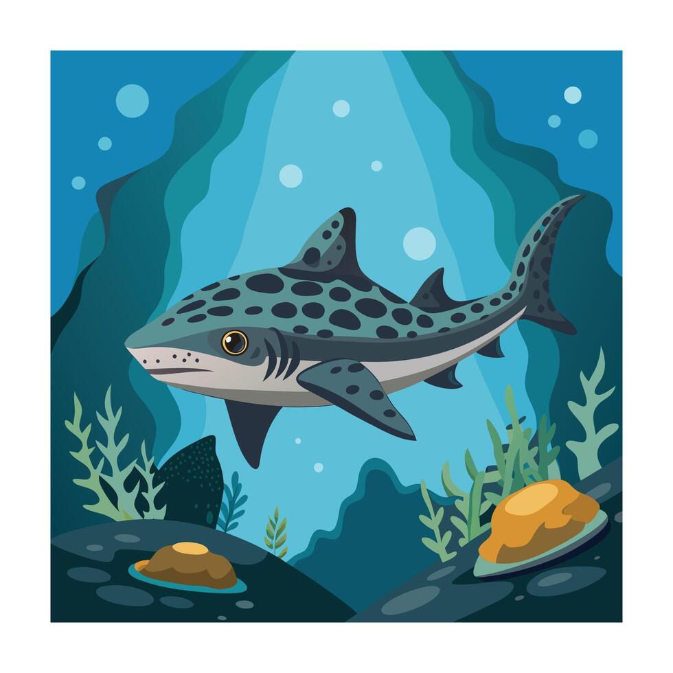 Cartoon Leopard Shark in the Ocean Depths with Seaweed and Rocks vector