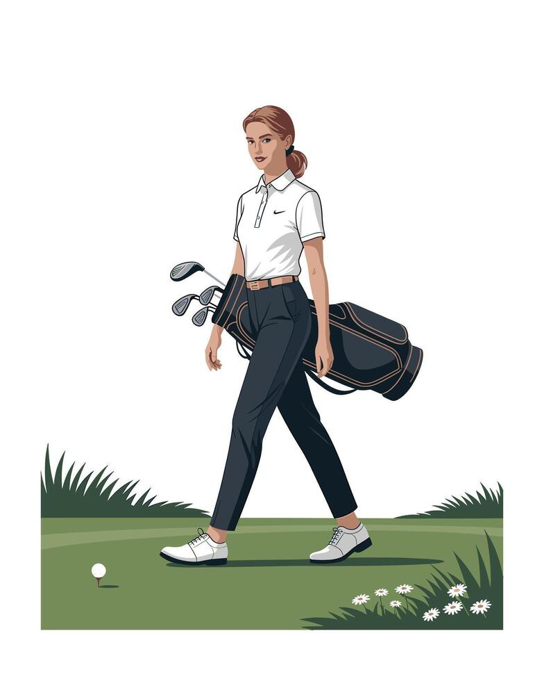 Stylish Woman Golfer Walking on Green with Clubs and Ball Cartoon Illustration vector