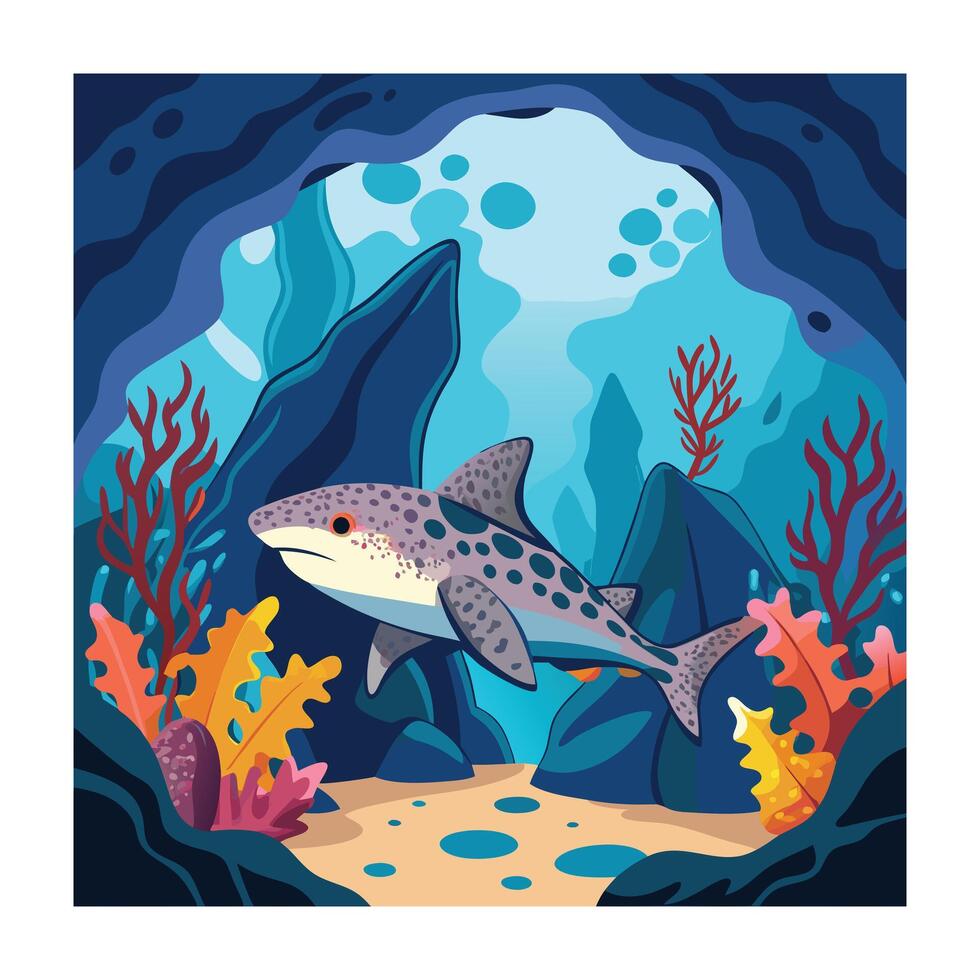 Leopard Shark in an Underwater Cave with Coral Reef, Flat Design vector