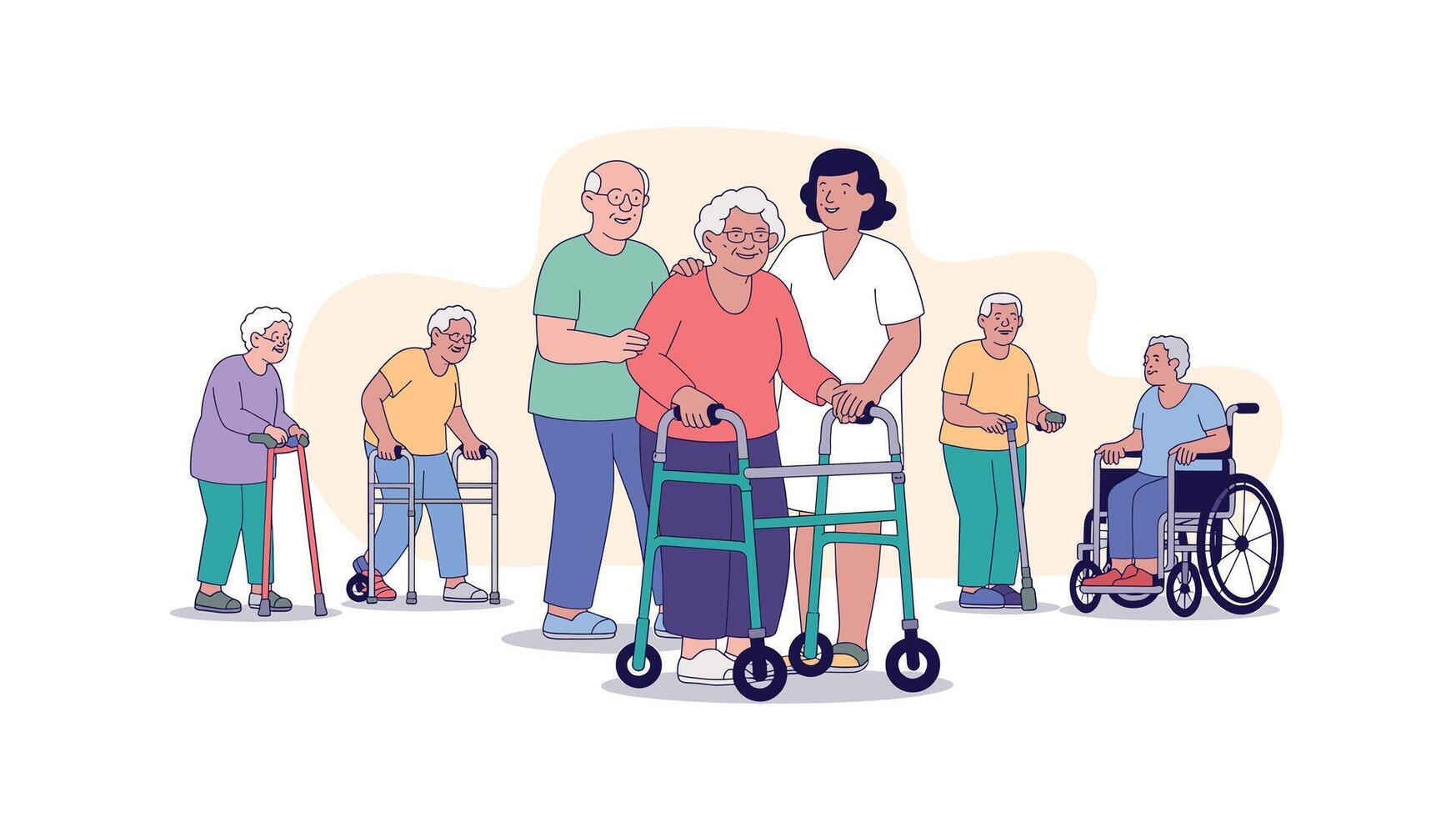 Elderly Care, Assistance, and Mobility Senior Citizens Using Walkers, Canes, and Wheelchairs vector
