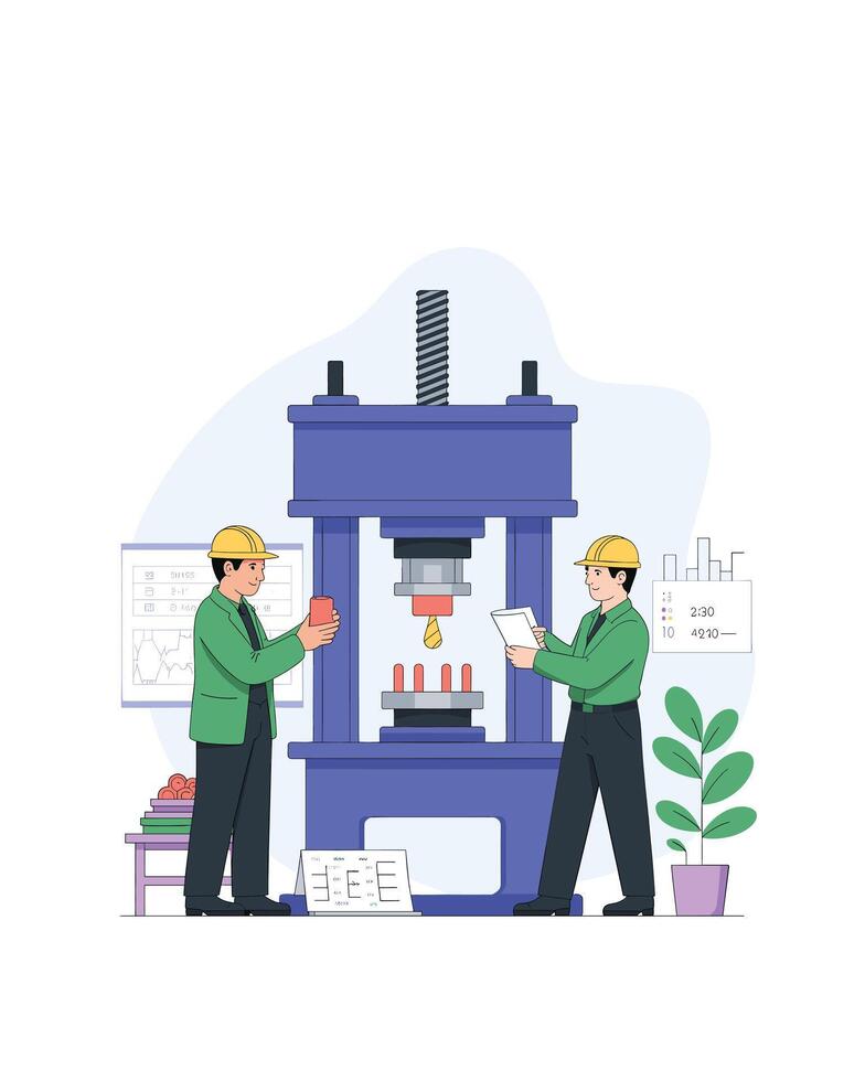 Industrial engineers inspecting metal pressing machine vector