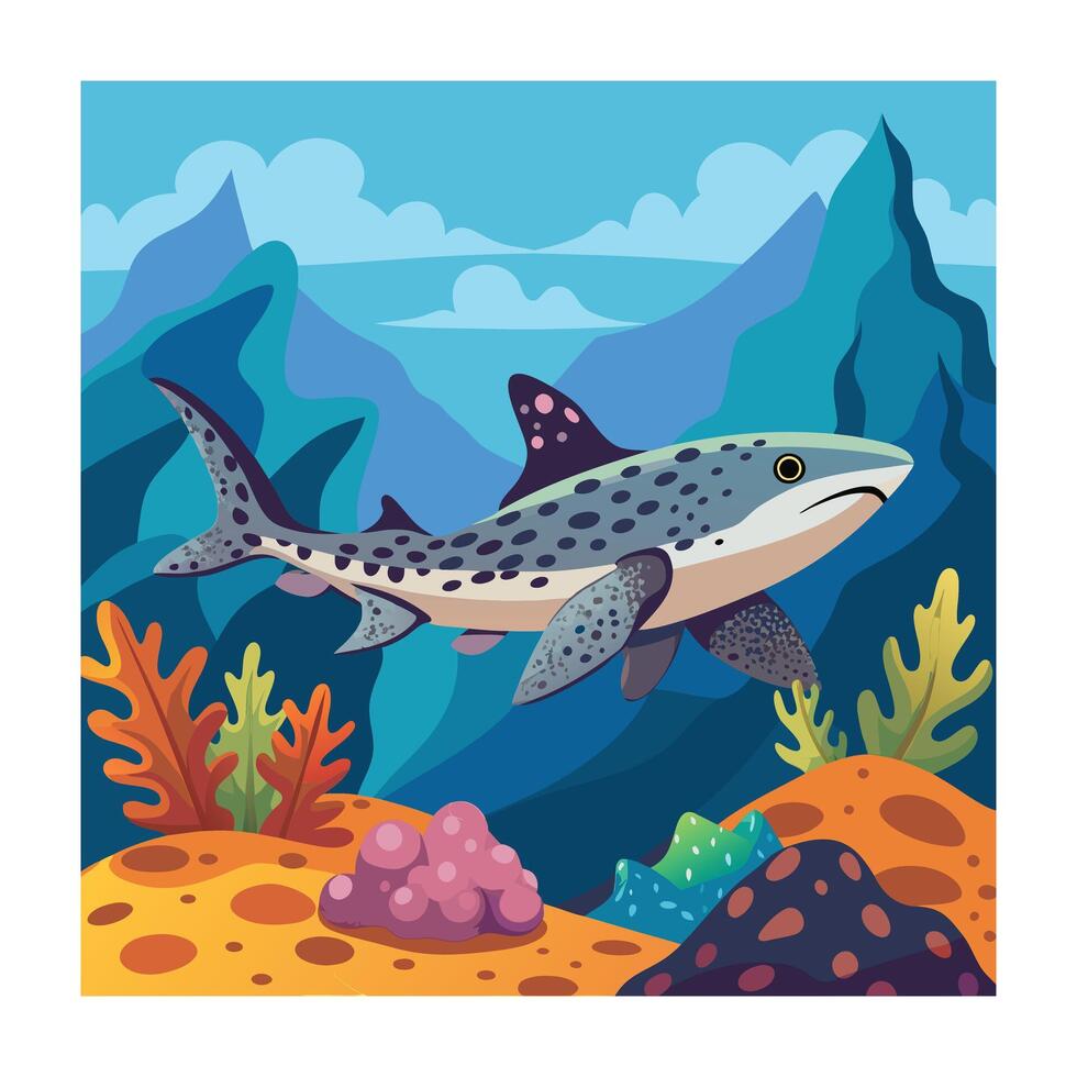 Leopard Shark Swimming in Ocean Cartoon Underwater Scene with Coral and Mountains vector
