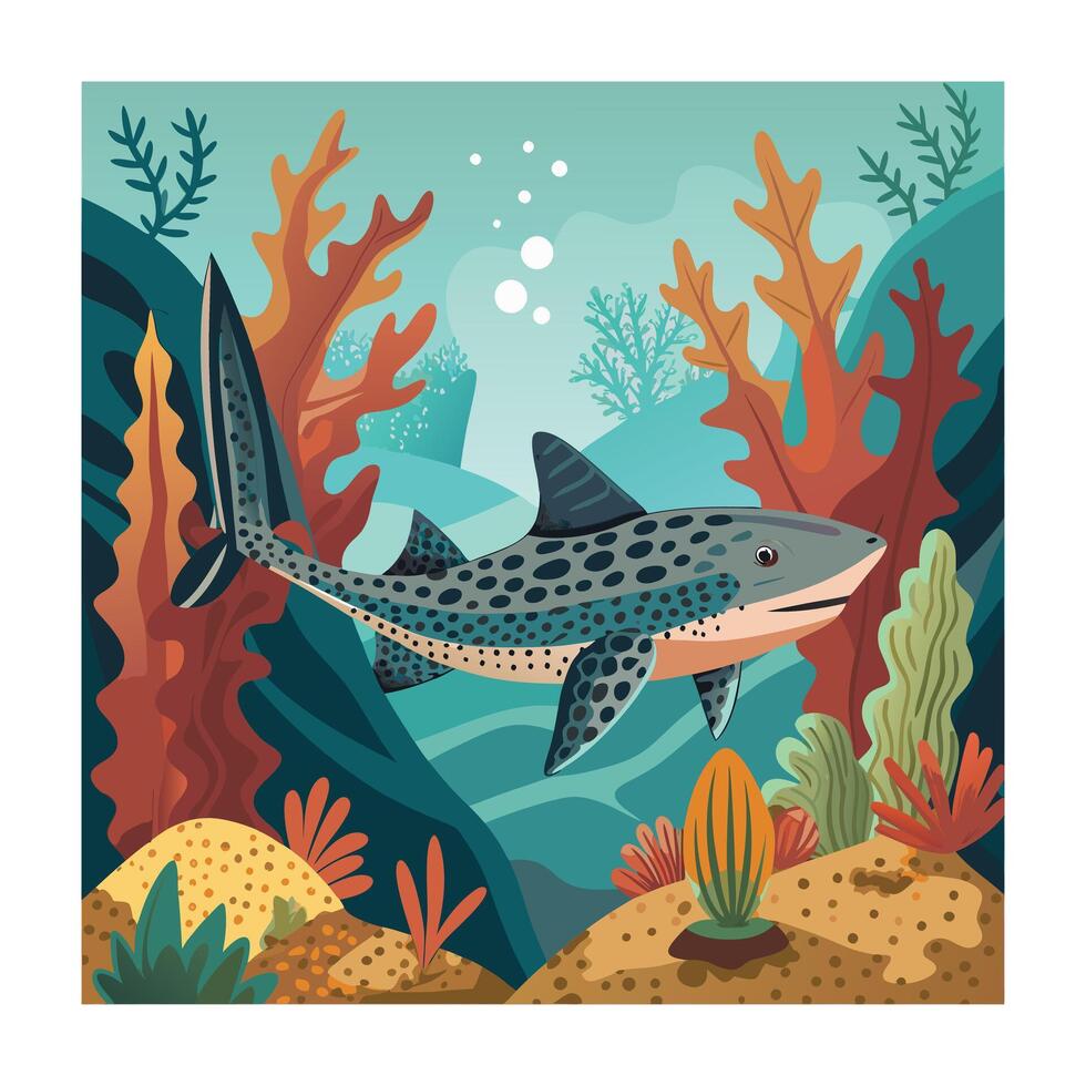 Cute Leopard Shark Cartoon Illustration with Ocean Background and Coral Reef vector