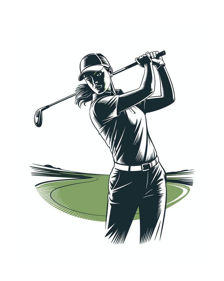 Elegant Woman Golfer in Full Swing on Golf Course Illustration vector