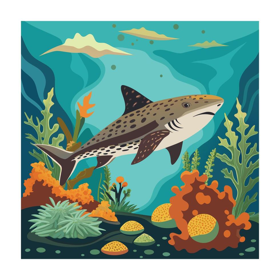 Cartoon Leopard Shark Swimming in Ocean with Coral Reef and Seaweed vector