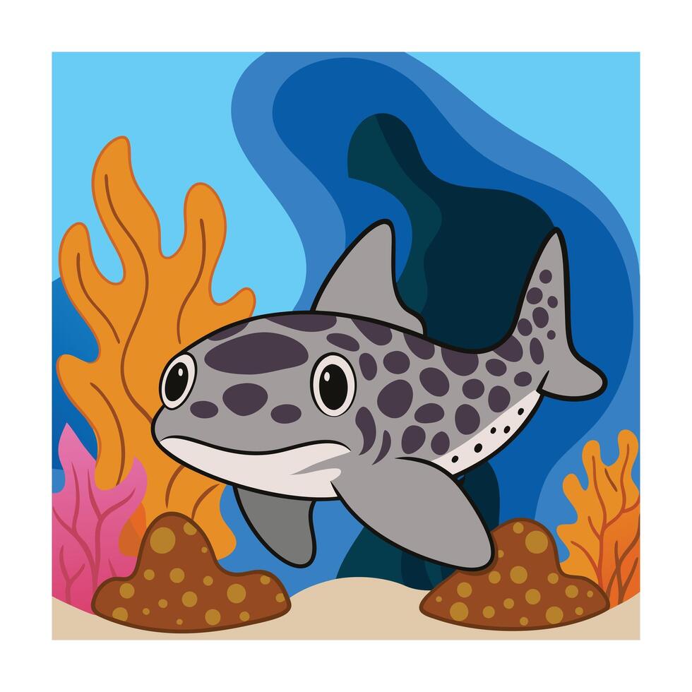 Cartoon Leopard Shark Illustration with Seaweed and Corals on the Seabed vector