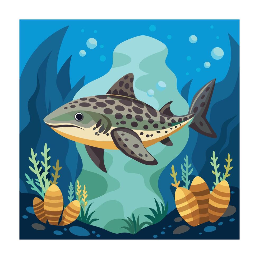 Leopard Shark Cartoon Illustration with Underwater Scene and Coral Reefs vector