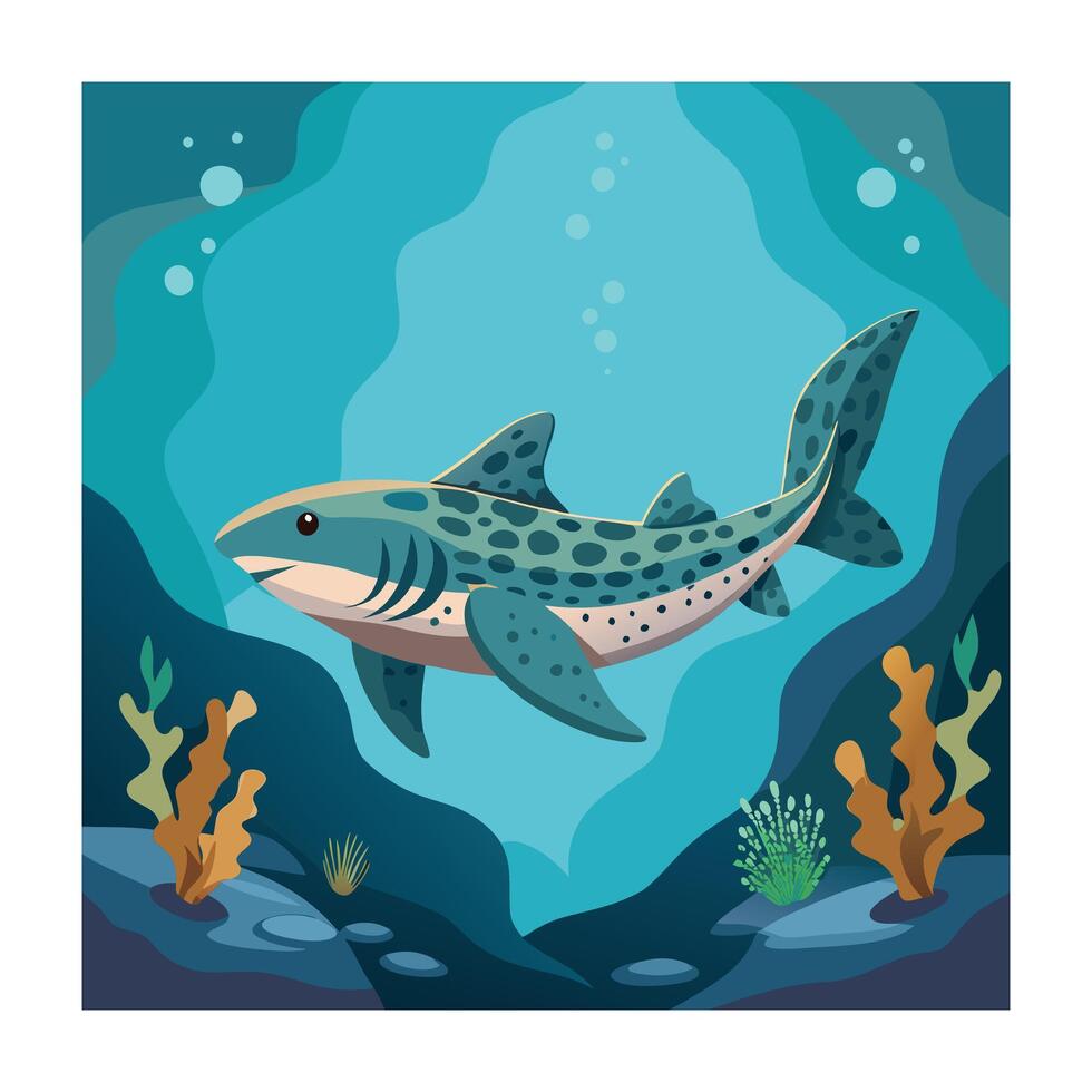 Stylized Wobbegong Shark Illustration Underwater Scene with Seaweed and Bubbles vector
