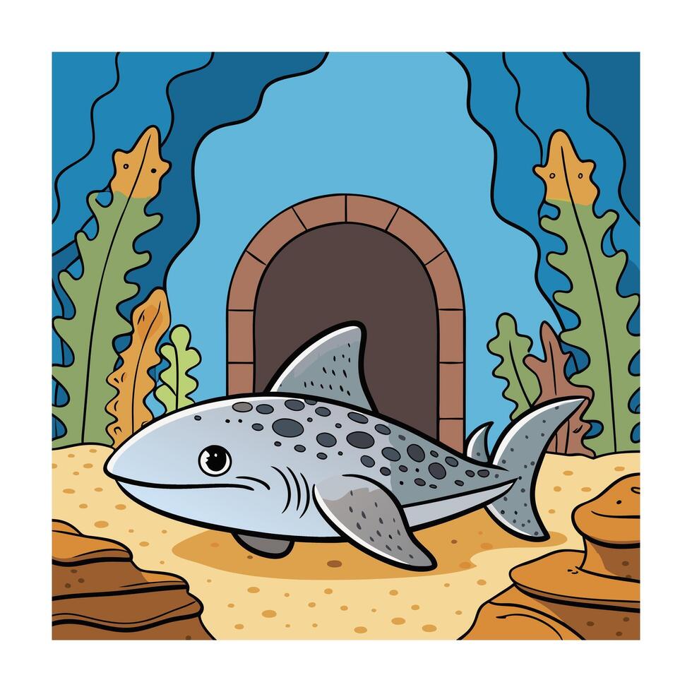 Cartoon Shark in Underwater Scene with Cave and Seaweed Illustration vector