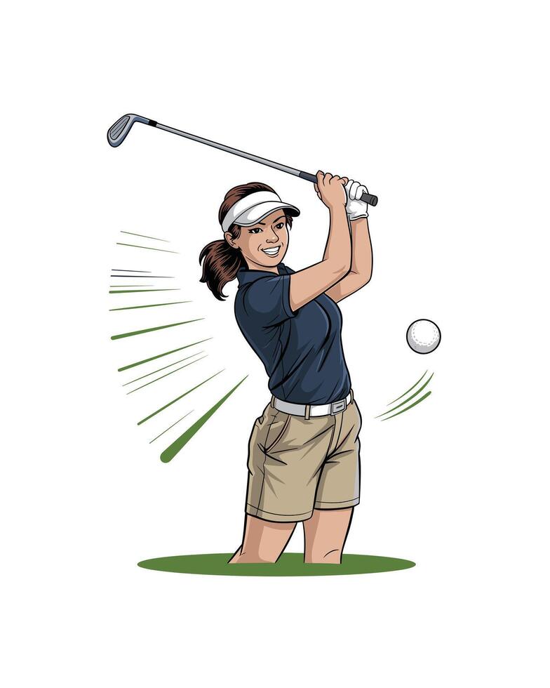 Female Golfer Swinging Club, Cartoon Style, Ready to Hit the Ball vector