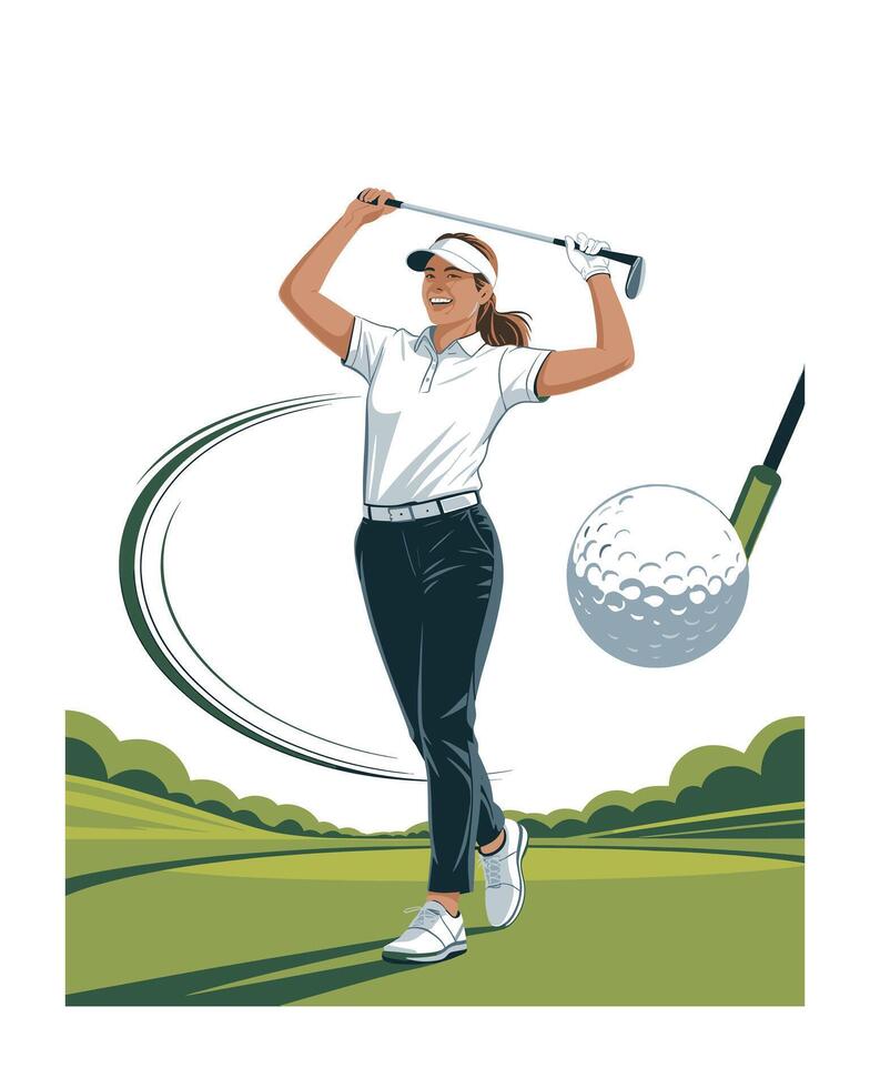 Happy Female Golfer Celebrates Swing on Green Course Illustration vector
