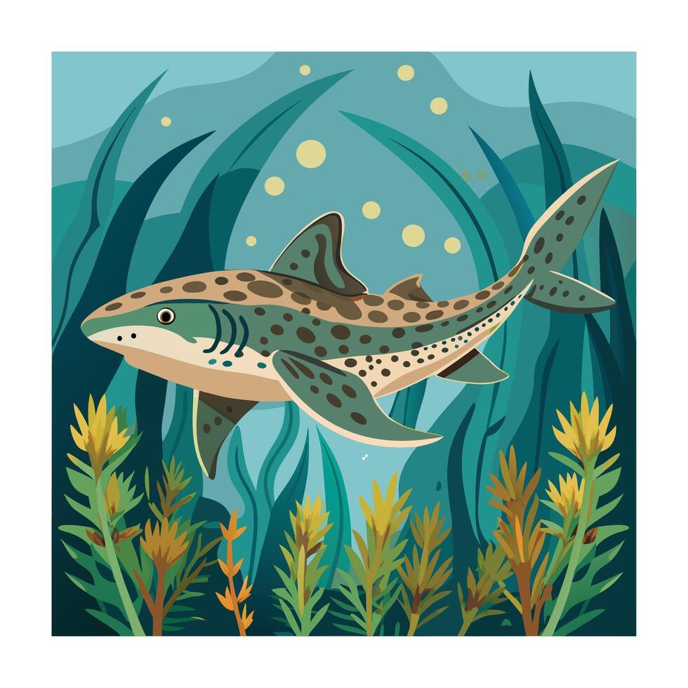 Leopard Shark Swimming in Kelp Forest with Sunlight Illustration vector