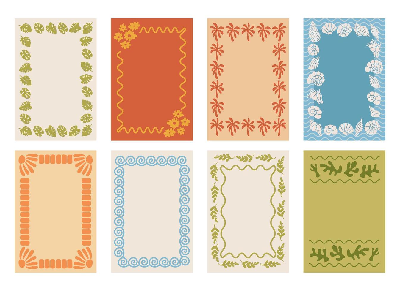 Summer frames in linocut style. Hand drawn tropical leaves, trees for borders. summer posters vector