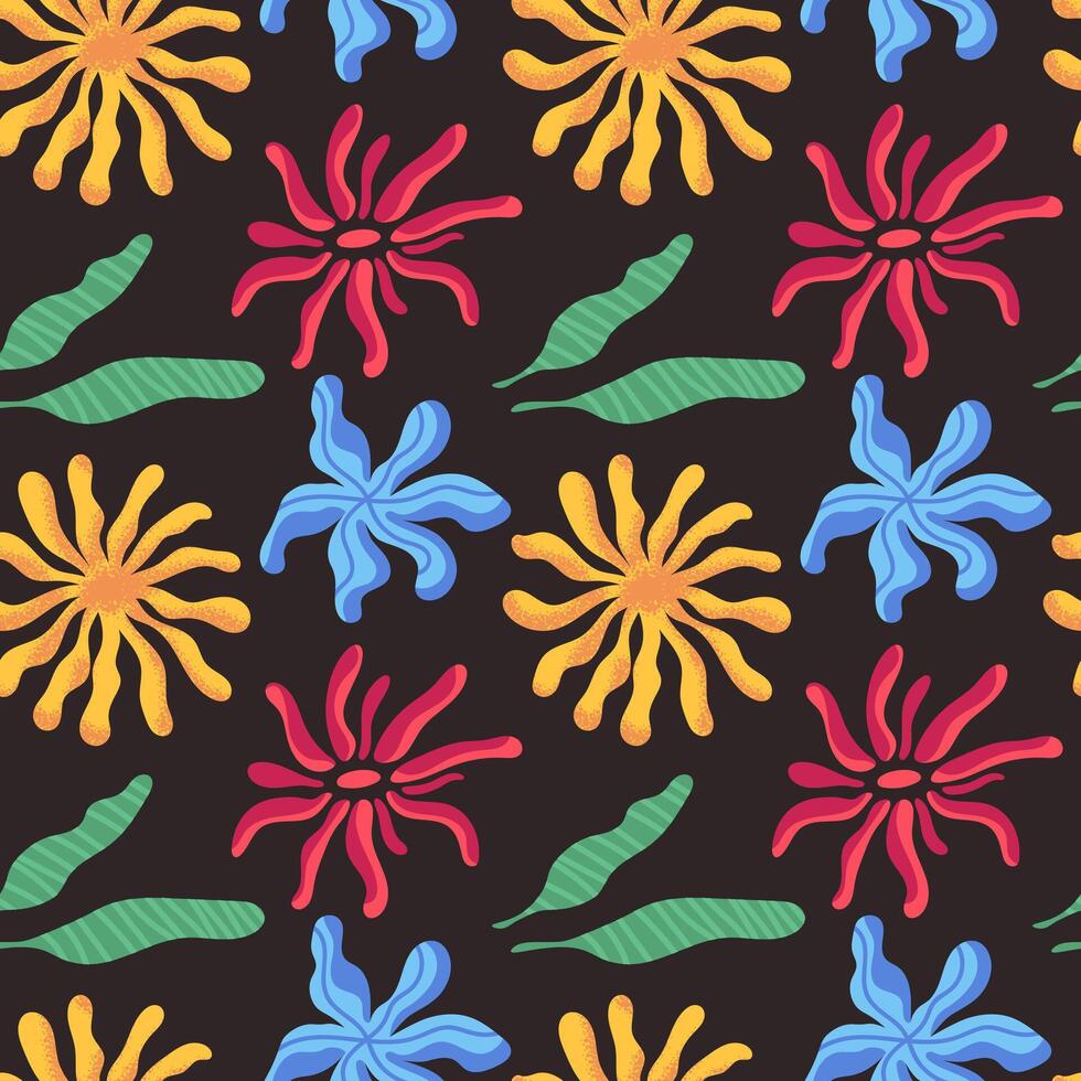 Seamless pattern with hand drawn botanical elements. Tropical brightly colored elements. Printed pattern for fabric, scrapbooking vector