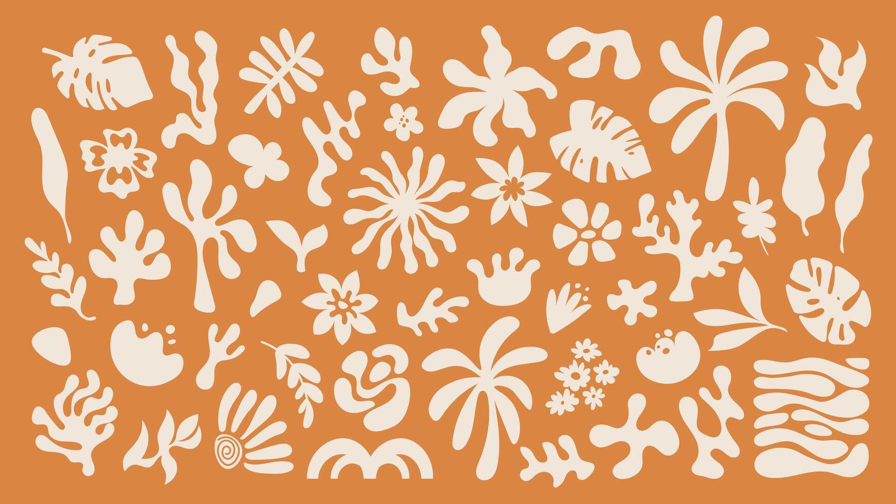 Set of simple hand drawn elements. Retro elements for graphic design, tropical leaves, flowers and shape in linocut style vector