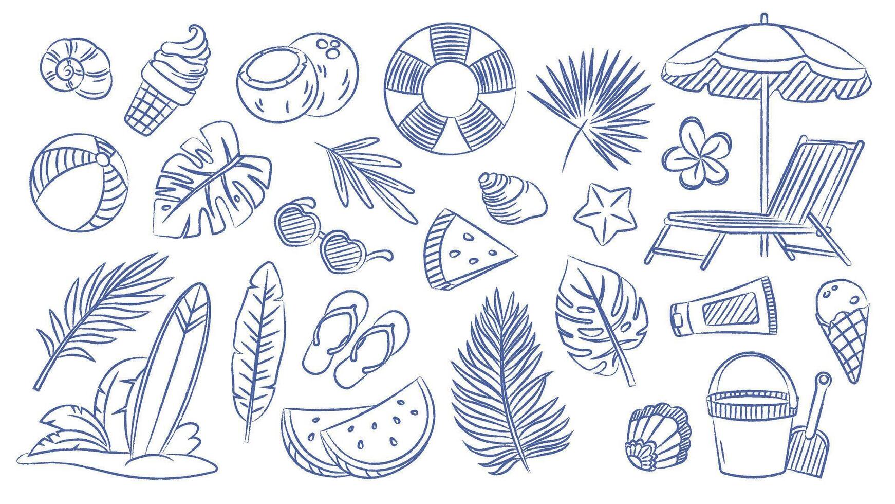 Summer vintage set. Pen drawn elements for summer design. contours vector