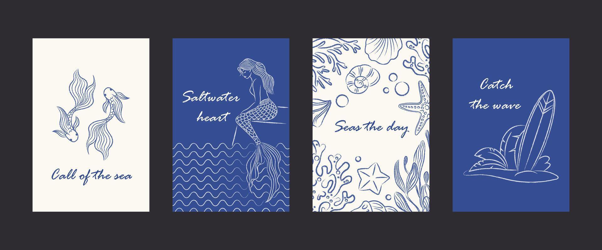 Set of minimalistic sea posters with inspirational captions. Elegant postcards, posters with marine theme with mermaids, shells, elements. printable templates A5 vector