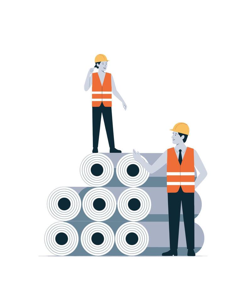 Construction workers inspecting material rolls illustration vector