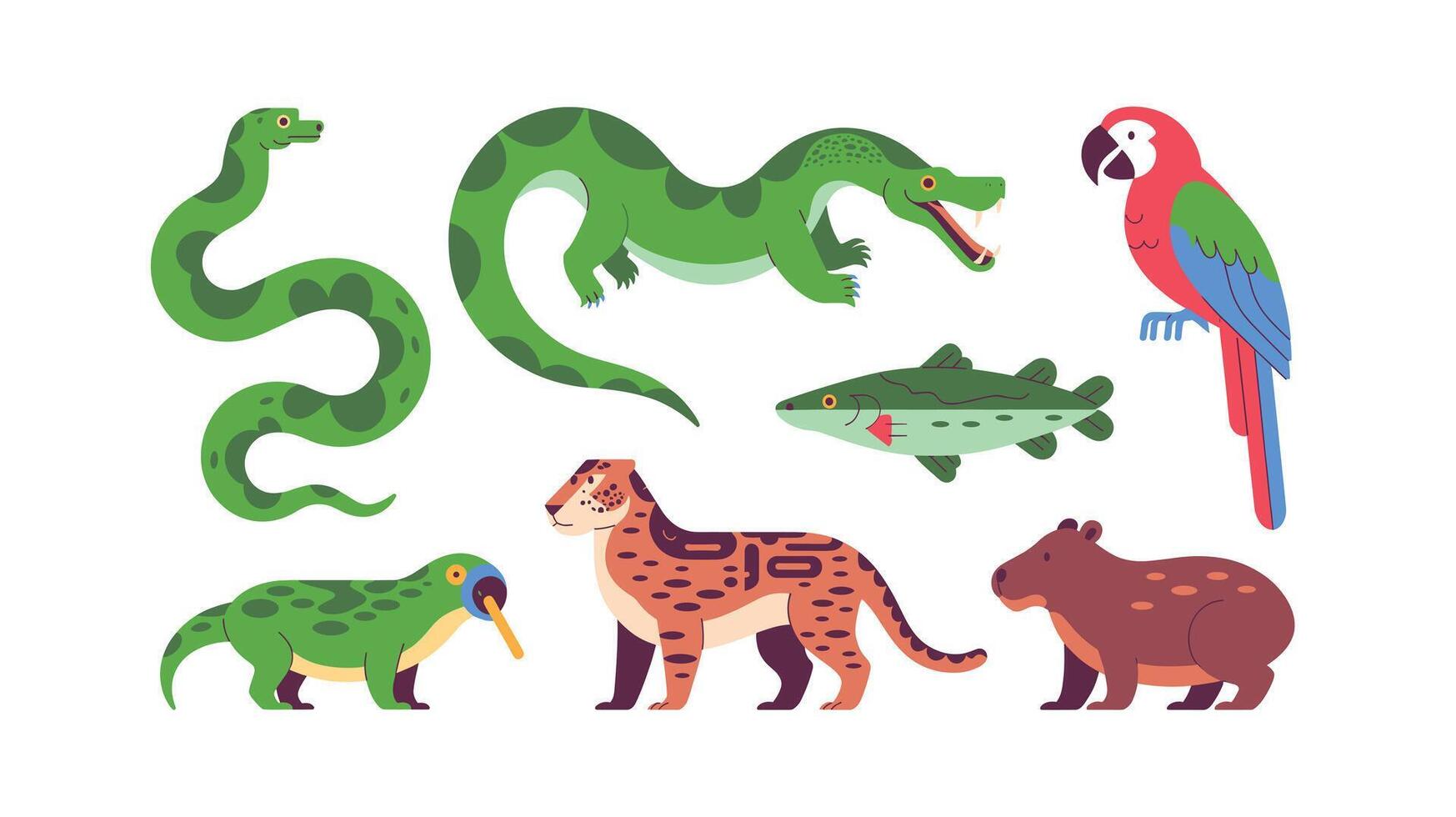 Cartoon Amazon Rainforest Animals Snake, Alligator, Fish, Parrot, Jaguar, and Capybara vector