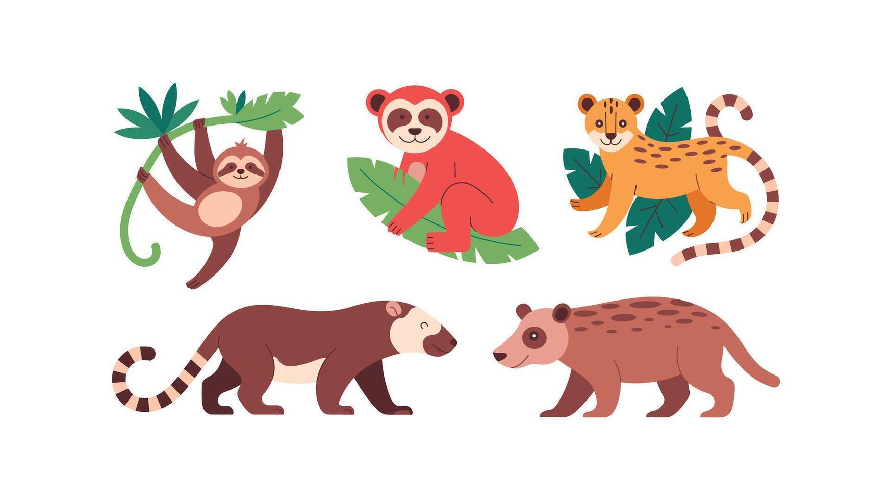 Adorable Illustration of Six Diverse Jungle Animals in a Flat Style vector