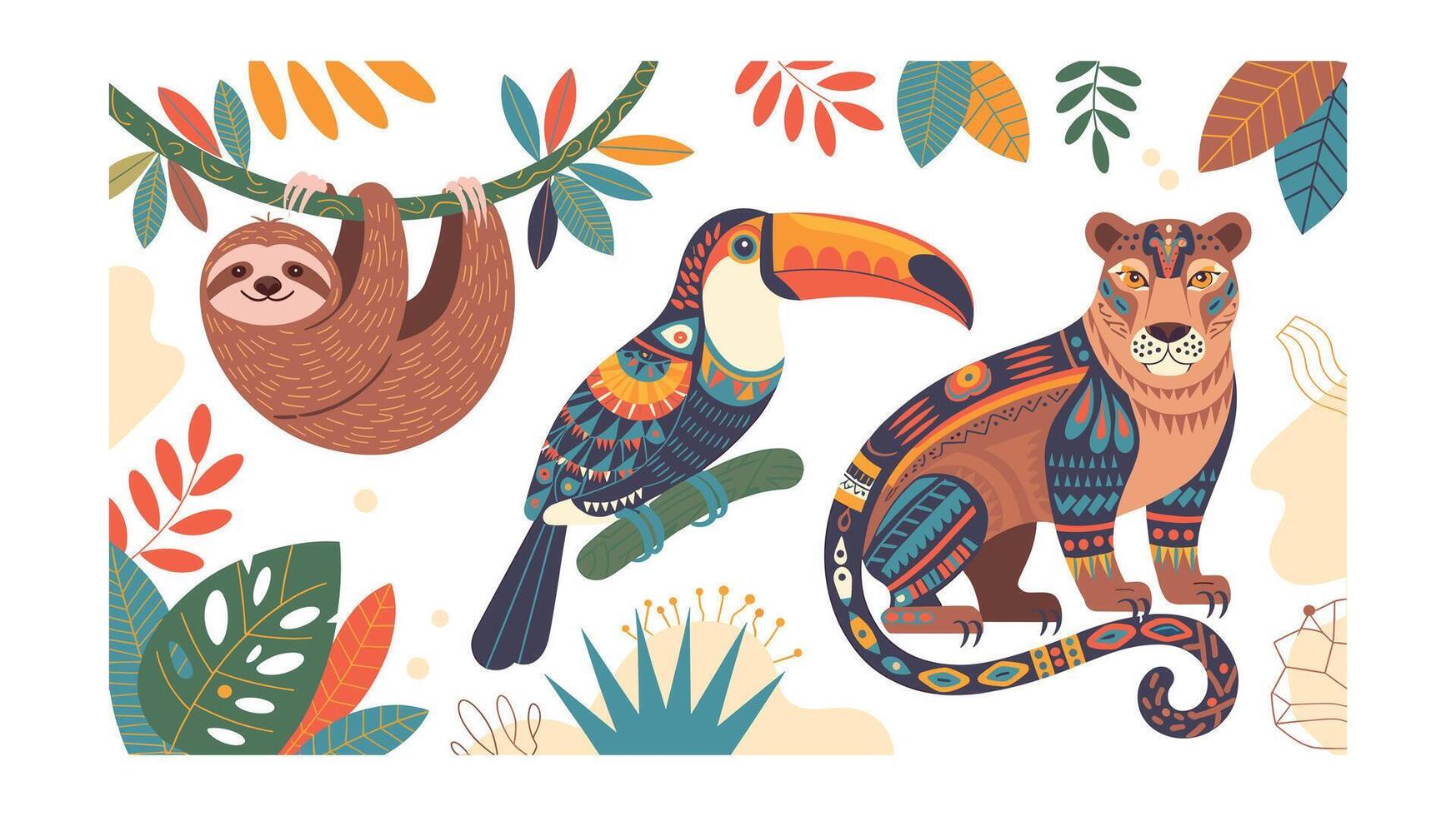 Vibrant Tropical Animals Illustration Sloth, Toucan, and Jaguar in Decorative Style vector