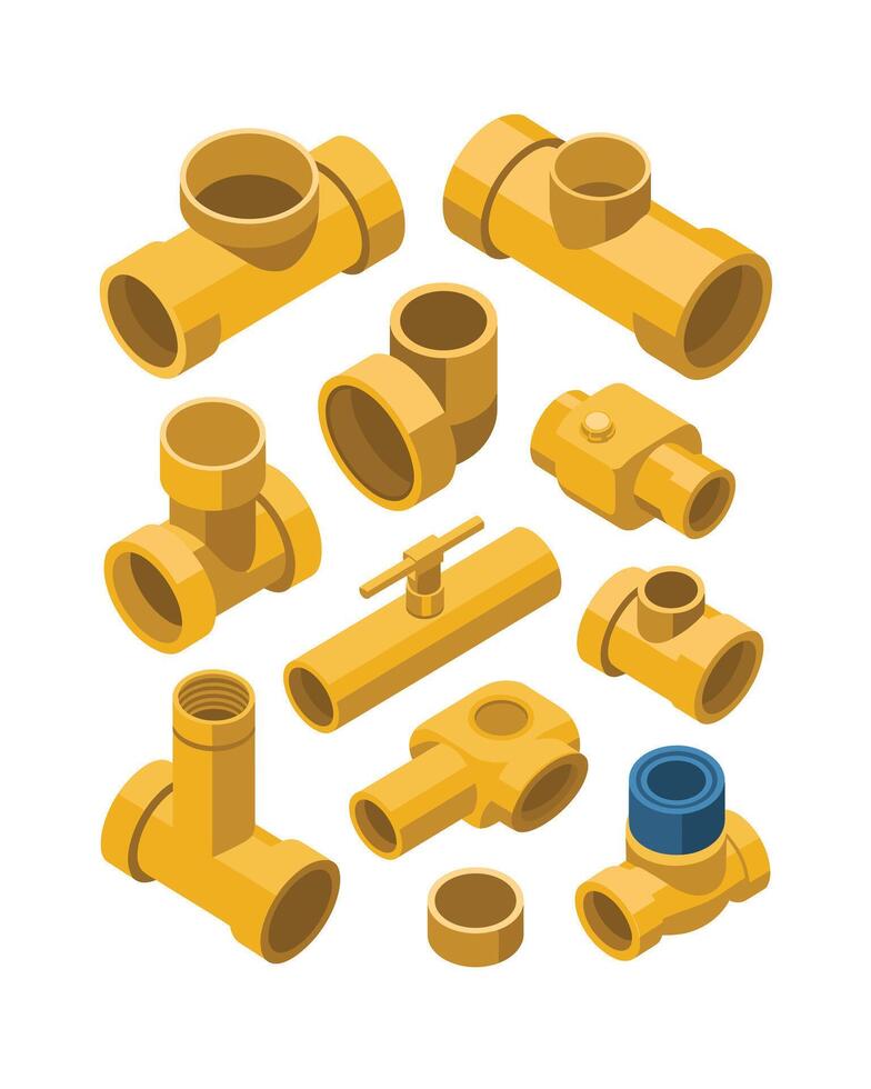 Assortment of yellow pvc pipes and fittings vector