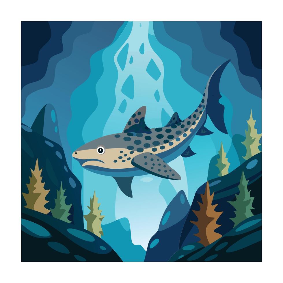 Cartoon Zebra Shark Underwater Landscape with Rocks, Plants and a Waterfall vector