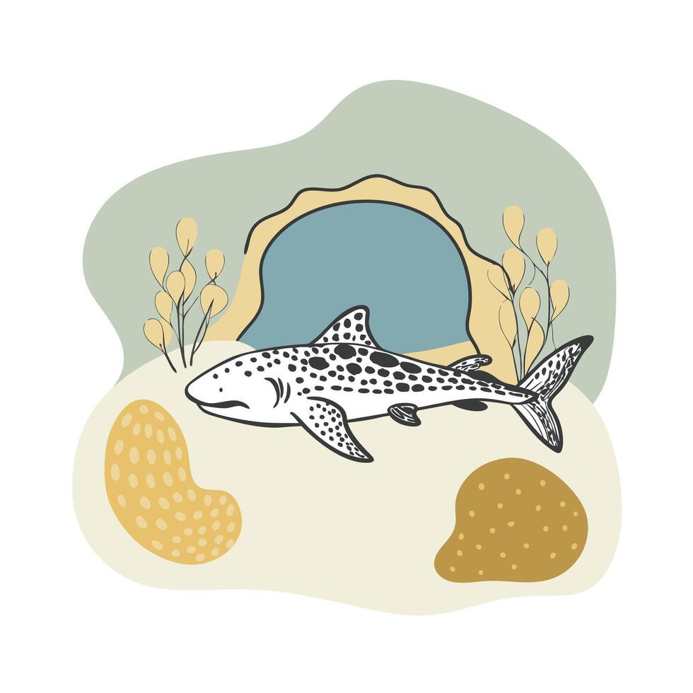 Whale Shark Illustration with Cave and Seaweed in Pastel Colors vector