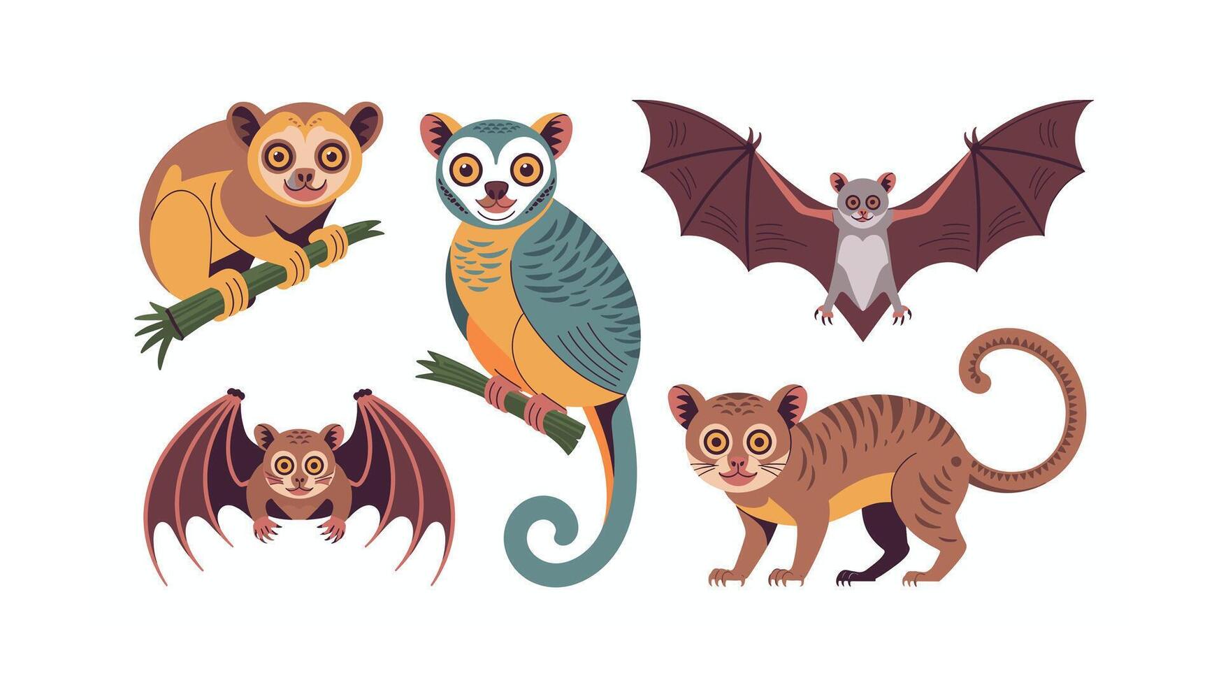 Cute Cartoon Lorises and Bats Illustration on a White Background vector