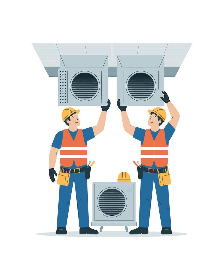 Hvac technicians installing ceiling mounted air conditioning units vector