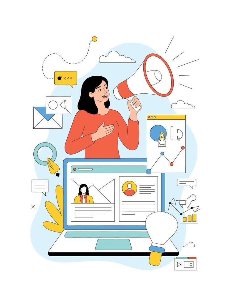 Digital Marketing Illustration Woman with Megaphone Laptop and Data Analysis vector