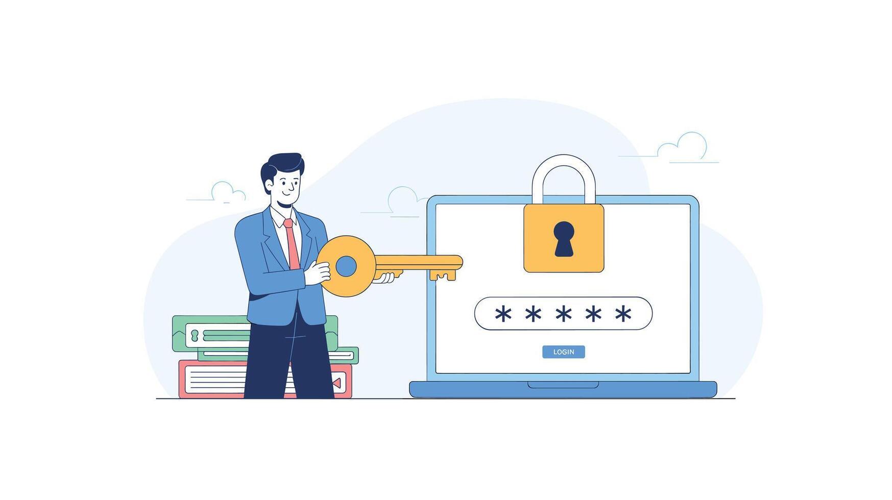 Data Security Illustration Man with Key Unlocking Laptop with Password Protection vector