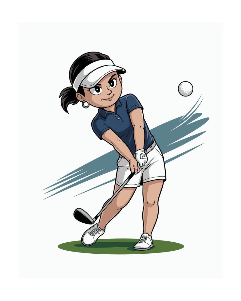 Cartoon Woman Golfer Swinging Club with Ball in Motion vector