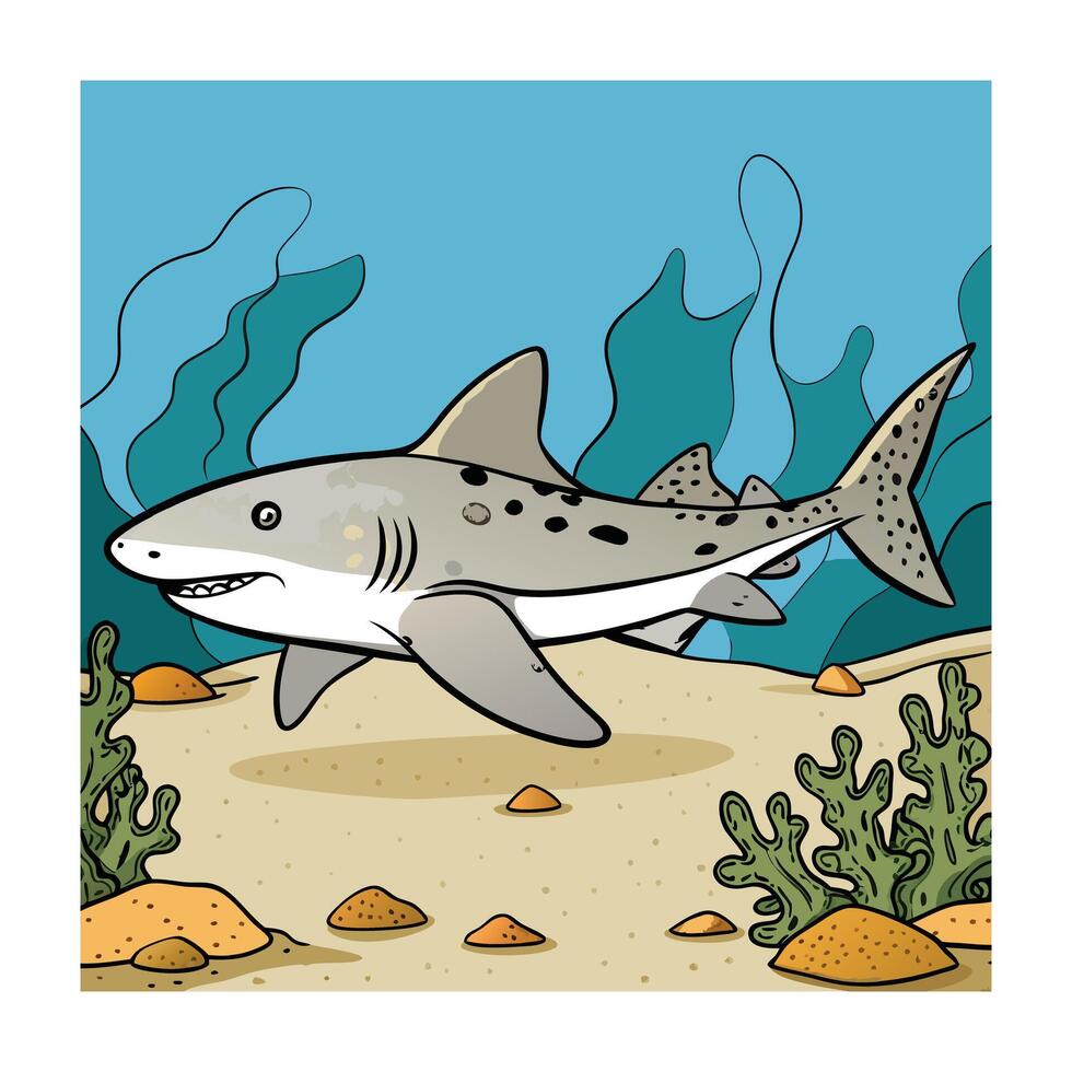 Cartoon Tiger Shark Swimming in Ocean with Seaweed and Sandy Bottom vector