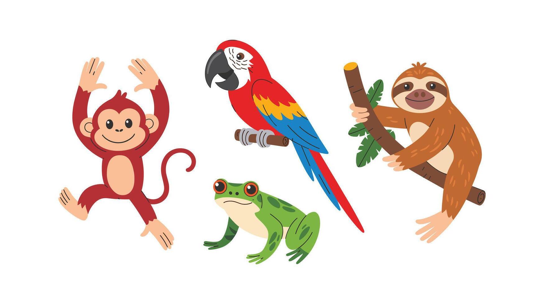 Cute Cartoon Jungle Animals Monkey, Parrot, Frog, and Sloth Illustration vector